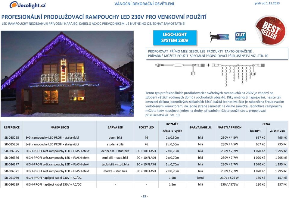 10 Tento typ profesionálních prodlužovacích světelných rampouchů na 230V je vhodný na zdobení větších rodinných domů i obchodních objektů.