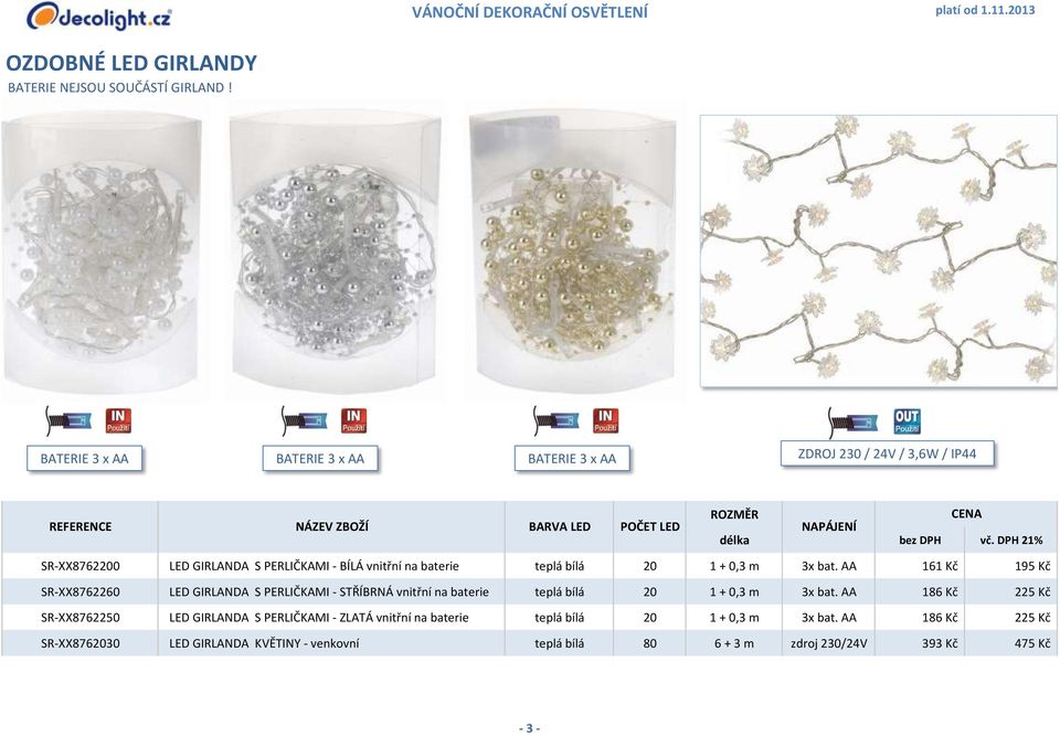 DPH 21% SR-XX8762200 LED GIRLANDA S PERLIČKAMI - BÍLÁ vnitřní na baterie teplá bílá 20 1 + 0,3 m 3x bat.