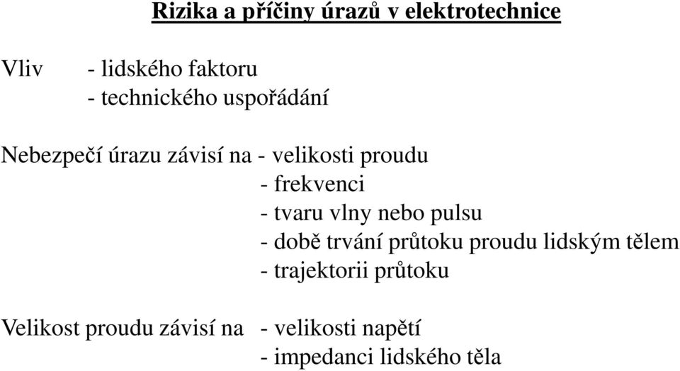 frekvenci - tvaru vlny nebo pulsu - době trvání průtoku proudu lidským tělem