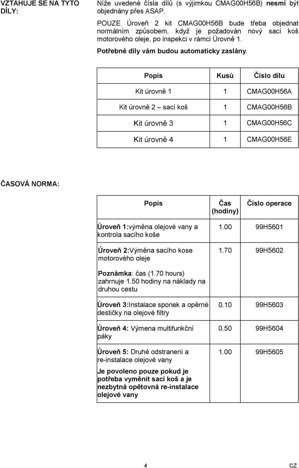 Popis Kusů Číslo dílu Kit úrovně 1 1 CMAG00H56A Kit úrovně 2 sací koš 1 CMAG00H56B Kit úrovně 3 1 CMAG00H56C Kit úrovně 4 1 CMAG00H56E ČASOVÁ NORMA: Popis Čas (hodiny) Číslo operace Úroveň 1:výměna