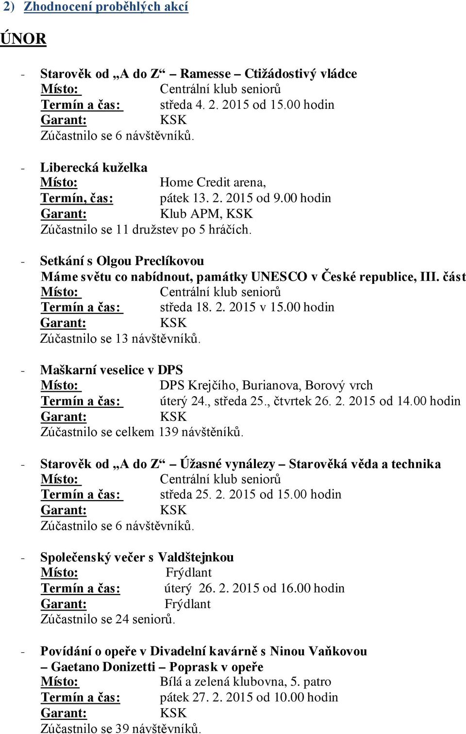 - Setkání s Olgou Preclíkovou Máme světu co nabídnout, památky UNESCO v České republice, III. část Termín a čas: středa 18. 2. 2015 v 15.00 hodin Zúčastnilo se 13 návštěvníků.