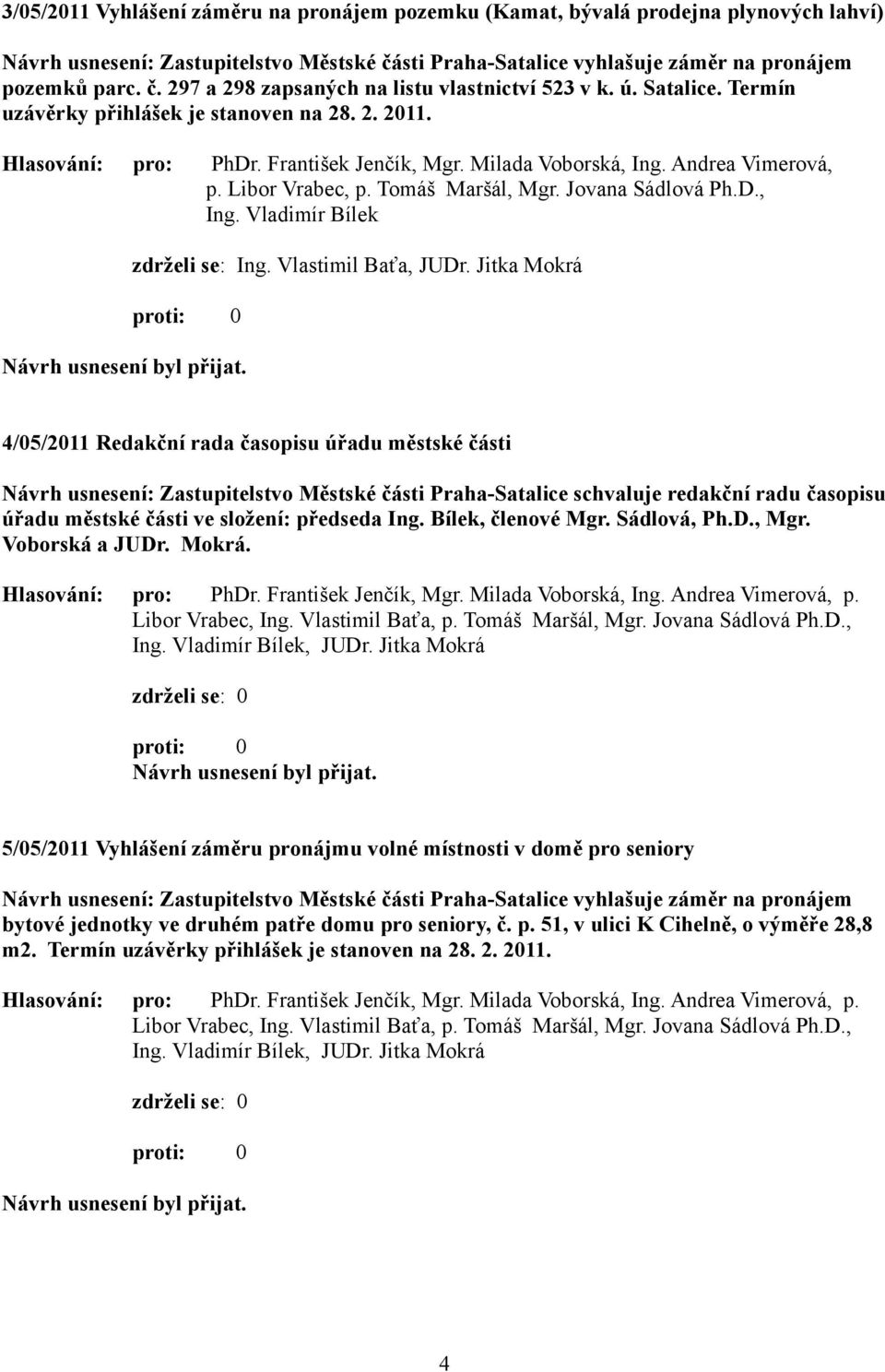Jovana Sádlová Ph.D., Ing. Vladimír Bílek zdrželi se: Ing. Vlastimil Baťa, JUDr.