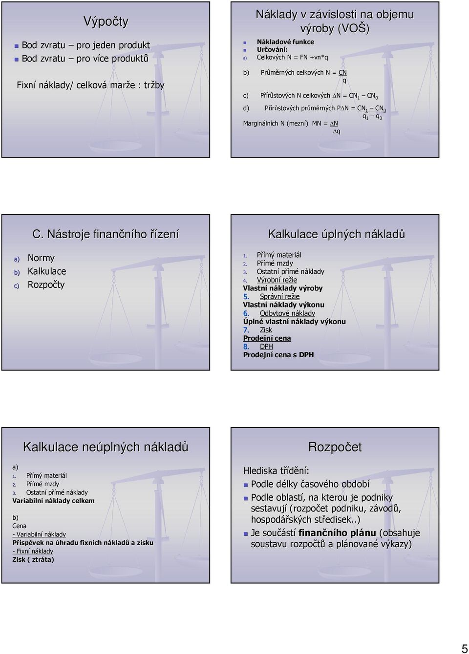 Nástroje N finančního říz a) Normy b) Kalkulace c) Rozpočty Kalkulace úplných nákladn kladů 1. Přímý materiál 2. Přímé mzdy 3. Ostatní přímé náklady 4. Výrobní režie Vlastní náklady výroby 5.