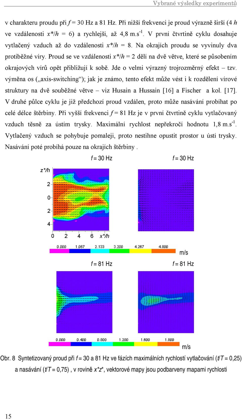Proud se ve vzdálenosti x*/h = dělí na dvě větve, které se působením okrajových vírů opět přibližují k sobě. Jde o velmi výrazný trojrozměrný efekt tzv.