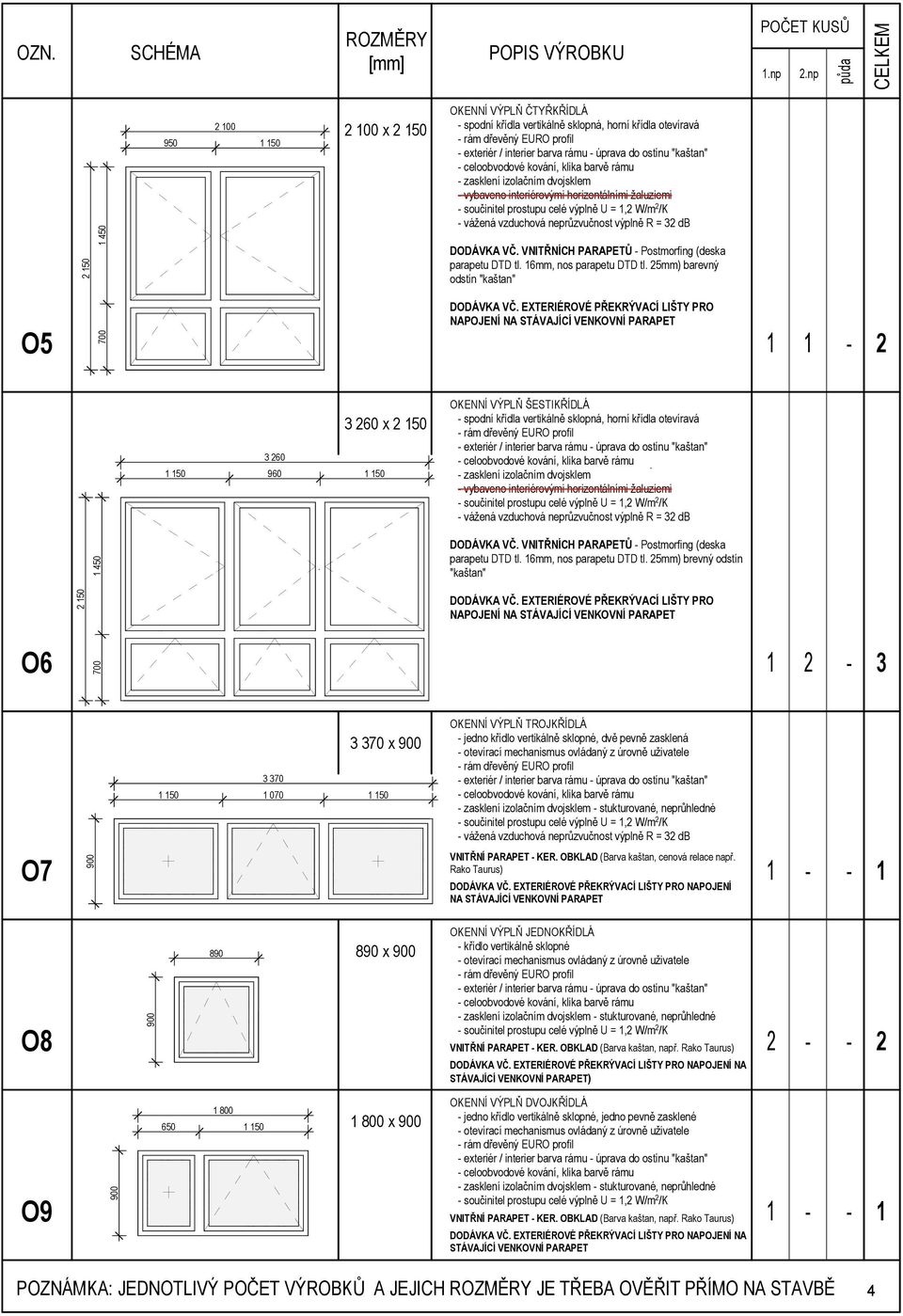 vzduchová neprůzvučnost výplně R = 32 db DODÁVKA VČ. VNITŘNÍCH PARAPETŮ Postmorfing (deska parapetu DTD tl. 6mm, nos parapetu DTD tl.