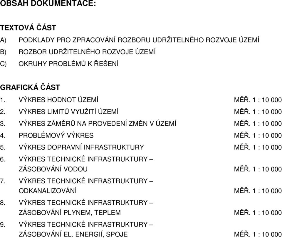 1 : 10 000 5. VÝKRES DOPRAVNÍ INFRASTRUKTURY MĚŘ. 1 : 10 000 6. VÝKRES TECHNICKÉ INFRASTRUKTURY ZÁSOBOVÁNÍ VODOU MĚŘ. 1 : 10 000 7.