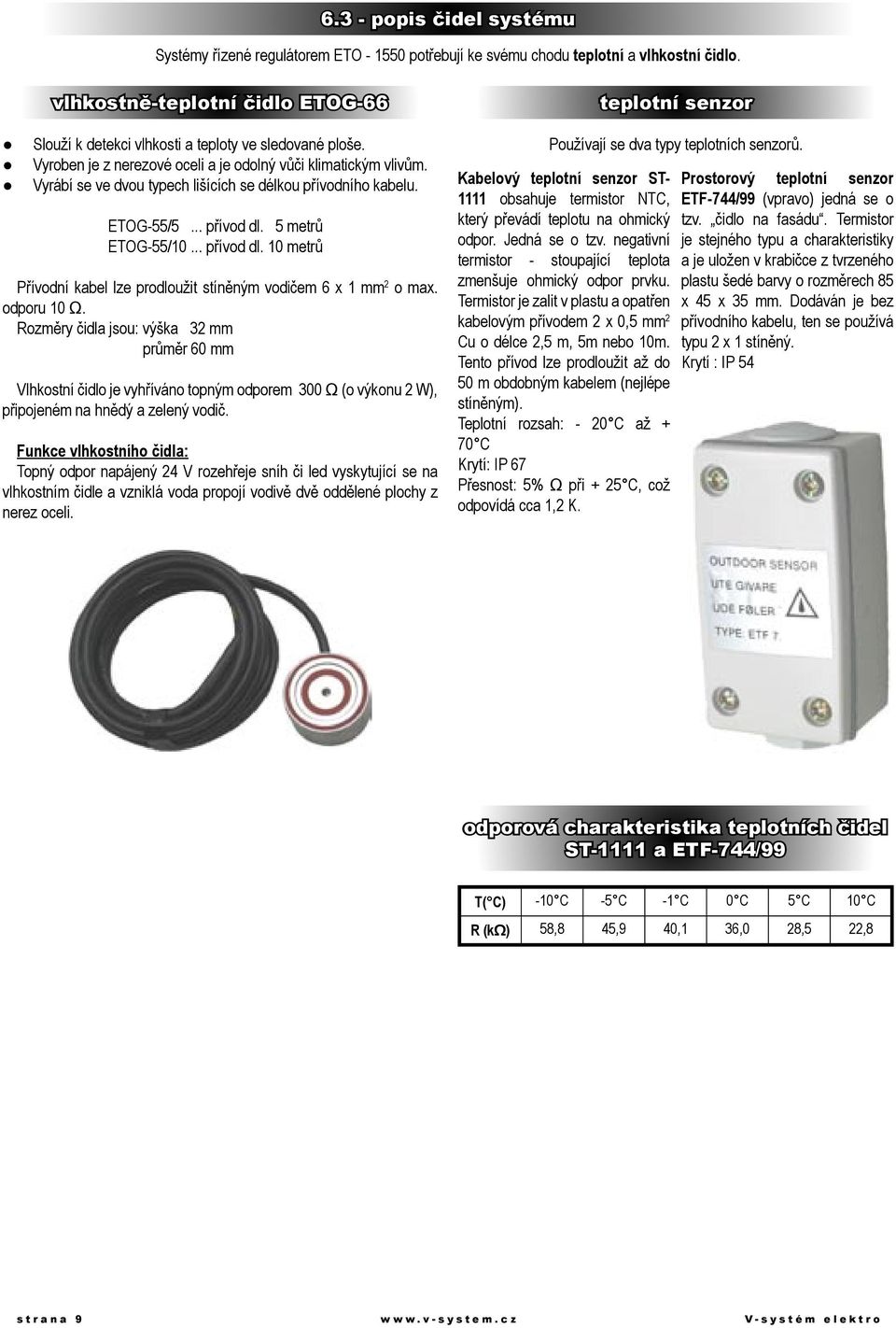 Vyrábí se ve dvou typech lišících se délkou přívodního kabelu. ETOG-55/5... přívod dl. 5 metrů ETOG-55/10... přívod dl. 10 metrů Přívodní kabel lze prodloužit stíněným vodičem 6 x 1 mm 2 o max.