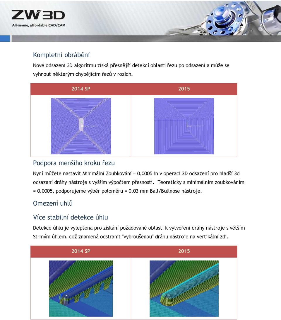 výpočtem přesnosti. Teoreticky s minimálním zoubkováním = 0.0005, podporujeme výběr poloměru = 0.03 mm Ball/Bullnose nástroje.