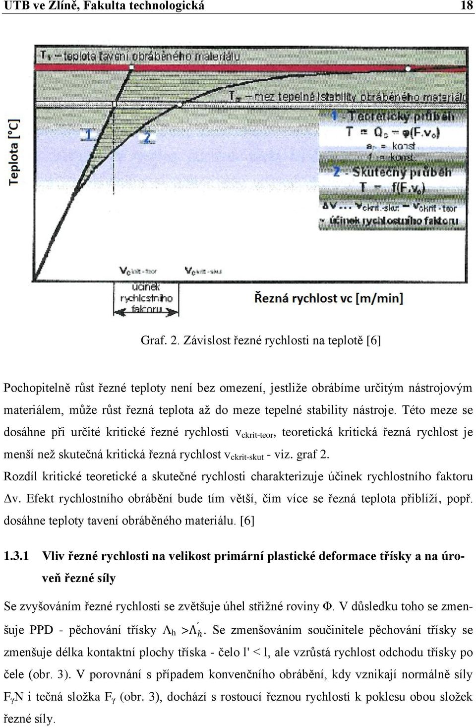 nástroje. Této meze se dosáhne při určité kritické řezné rychlosti v ckrit-teor, teoretická kritická řezná rychlost je menší neţ skutečná kritická řezná rychlost v ckrit-skut - viz. graf 2.