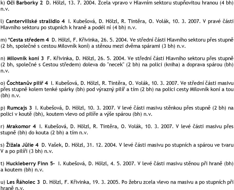 Ve střední části Hlavního sektoru přes stupně (2 bh, společné s cestou Milovník koní) a stěnou mezi dvěma spárami (3 bh) n.v. n) Milovník koní 3 F. Křivinka, D. Hölzl, 26. 5. 2004.