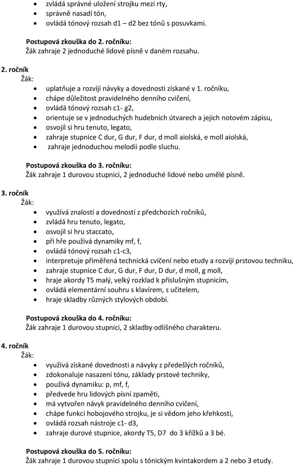 stupnice C dur, G dur, F dur, d moll aiolská, e moll aiolská, zahraje jednoduchou melodii podle sluchu. Postupová zkouška do 3.