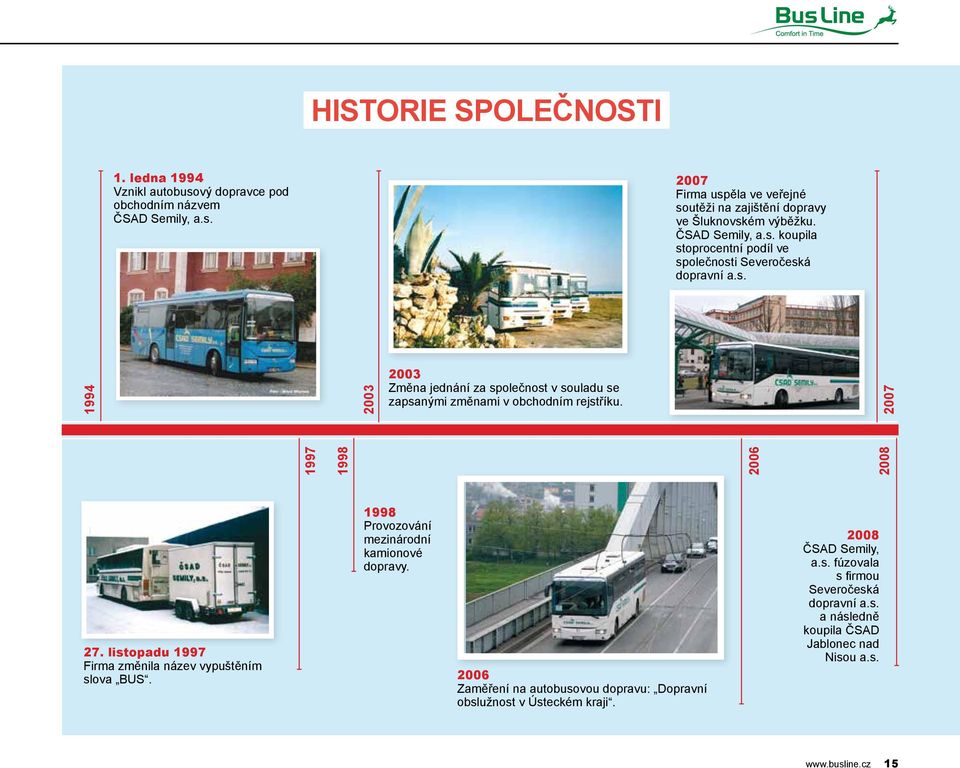 1997 1998 2006 2007 2008 27. listopadu 1997 Firma změnila název vypuštěním slova BUS. 1998 Provozování mezinárodní kamionové dopravy.