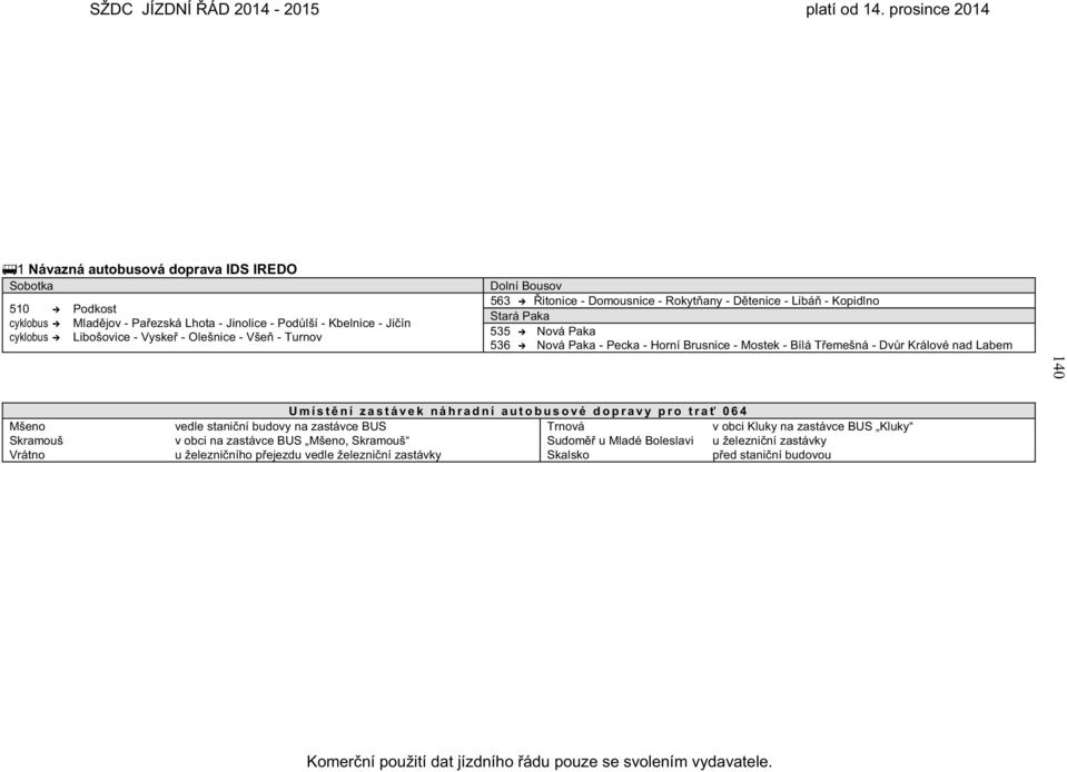 itonice - Domousnice - Rokytany - Dtenice - Libá - Kopidlno Stará Paka 535 Nová Paka 536 Nová Paka - Pecka - Horní Brusnice - Mostek - Bílá Temešná - Dvr Králové nad Labem 140 Mšeno Skramouš Vrátno U