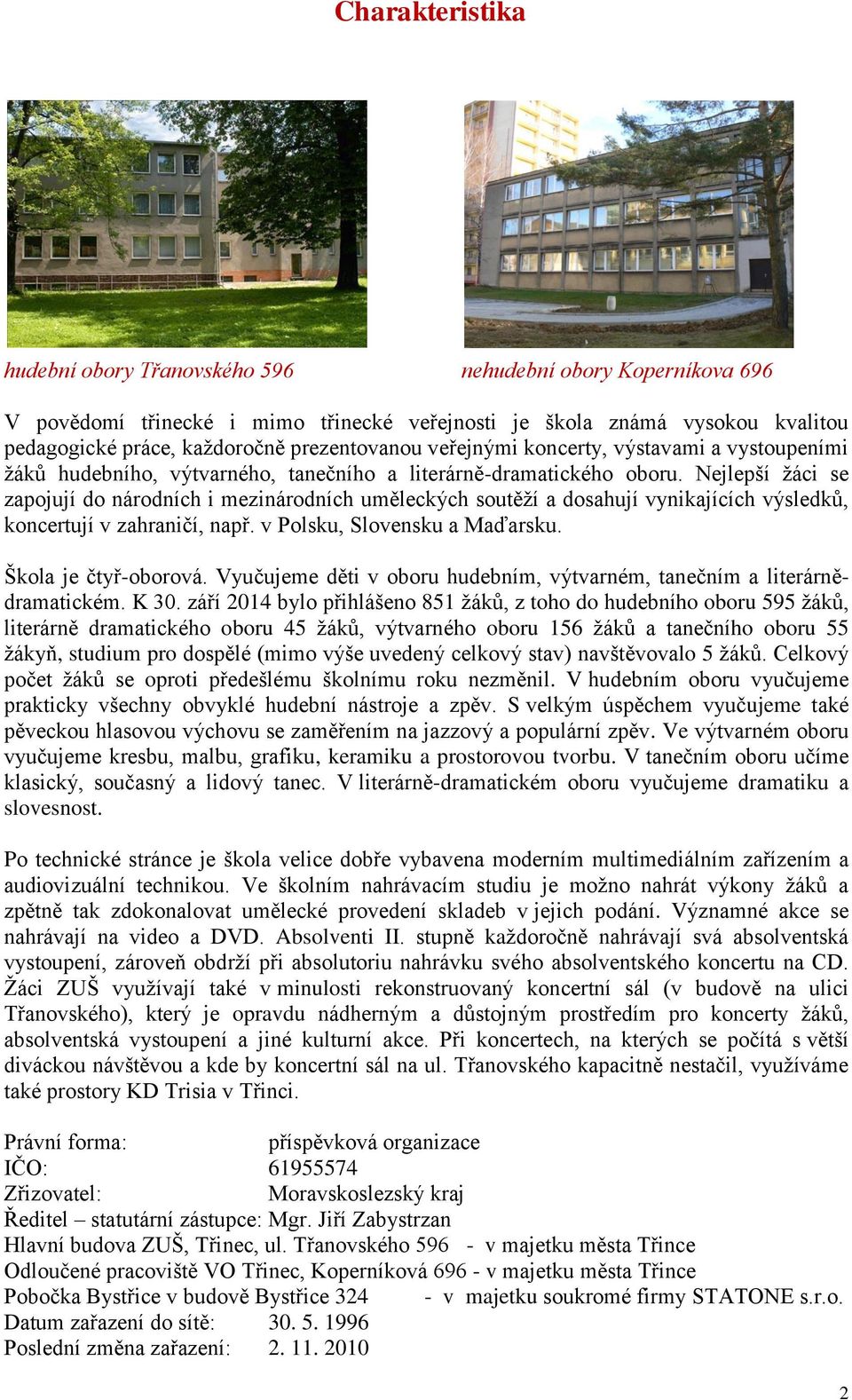 Nejlepší žáci se zapojují do národních i mezinárodních uměleckých soutěží a dosahují vynikajících výsledků, koncertují v zahraničí, např. v Polsku, Slovensku a Maďarsku. Škola je čtyř-oborová.