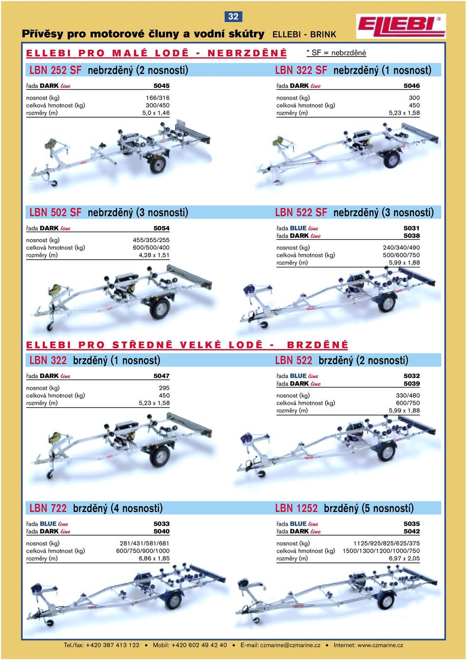 (3 nosnosti) řada BLUE line 5031 řada DARK line 5038 nosnost (kg) 240/340/490 celková hmotnost (kg) 500/600/750 rozměry (m) 5,99 x 1,88 ELLEBI PRO STŘEDNĚ VELKÉ LODĚ - BRZDĚNÉ LBN 322 brzděný (1