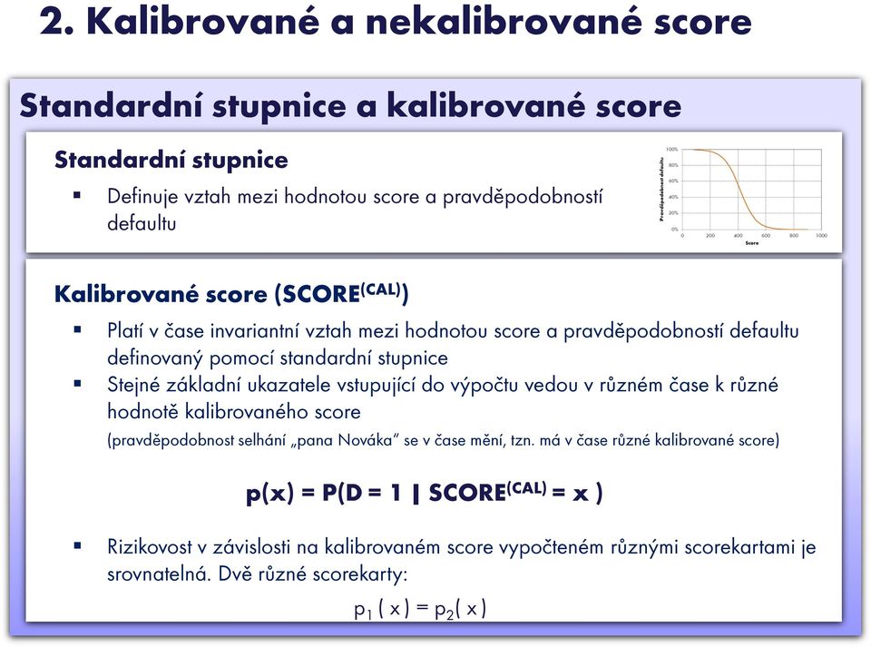 ukazatele vstupující do výpočtu vedou v různém čase k různé hodnotě kalibrovaného score (pravděpodobnost selhání pana Nováka se v čase mění, tzn.