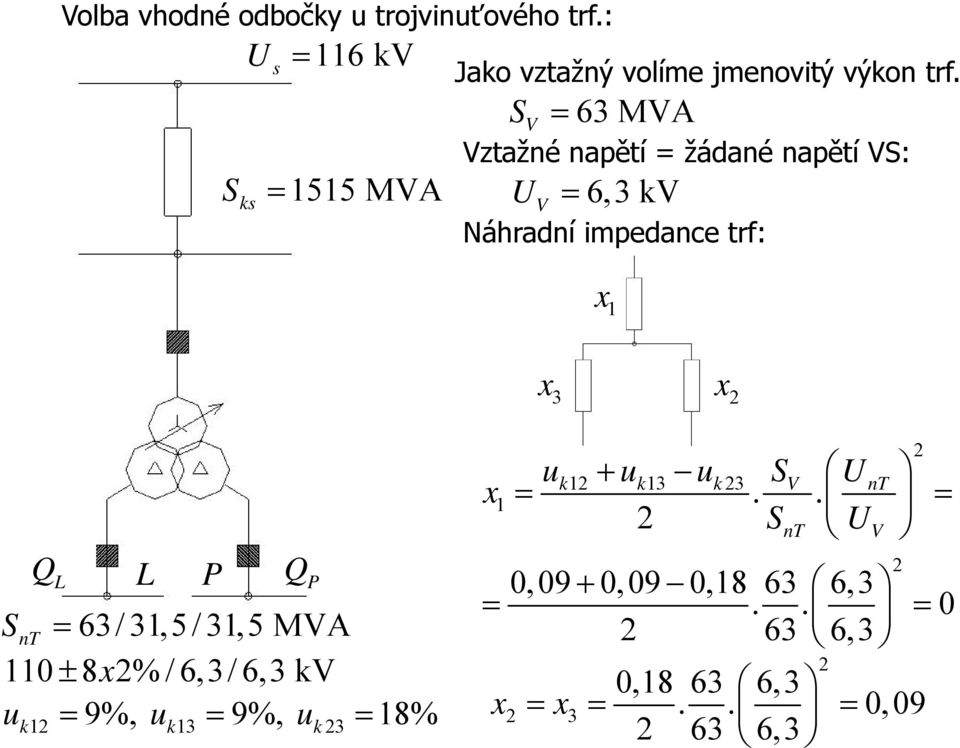 S V U V 63 VA Vztažné napětí = žádané napětí VS: 6,3 kv Náhradní impedance trf: x 1 x3 x QL L Q