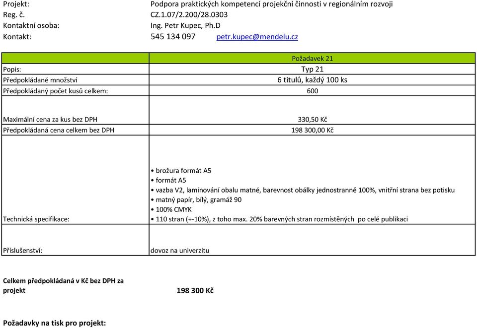 cz 21 Typ 21 6 titulů, každý 100 ks 600 330,50 Kč 198 300,00 Kč brožura formát A5 formát A5 vazba V2, laminování obalu matné, barevnost obálky