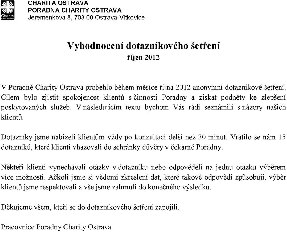 Dotazníky jsme nabízeli klientům vždy po konzultaci delší než 30 minut. Vrátilo se nám 15 dotazníků, které klienti vhazovali do schránky důvěry v čekárně Poradny.