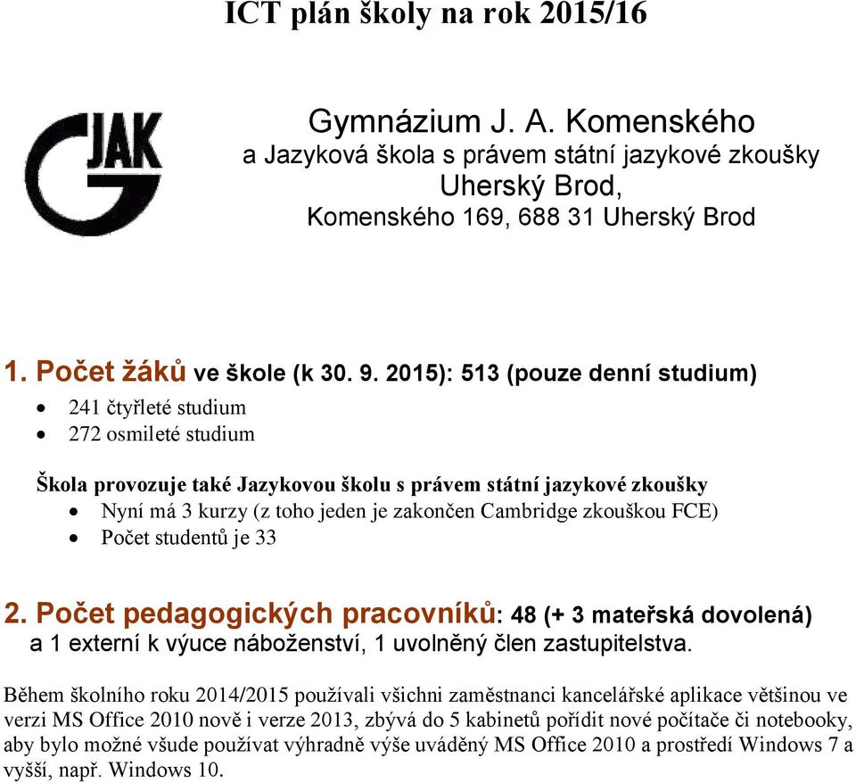 zkouškou FCE) studentů je 33 2. pedagogických pracovníků: 48 (+ 3 mateřská dovolená) a 1 externí k výuce náboženství, 1 uvolněný člen zastupitelstva.