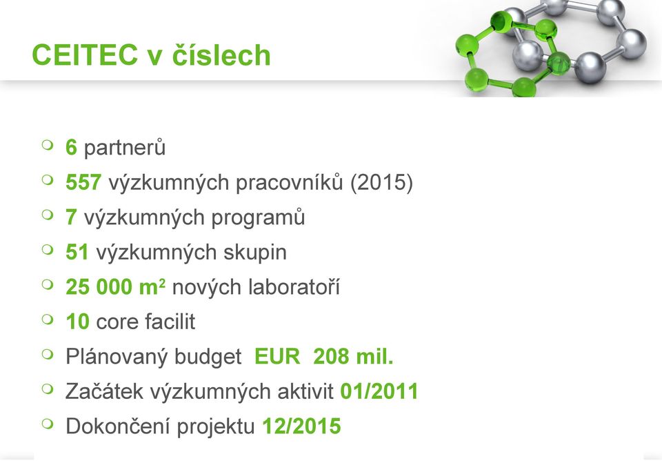2 nových laboratoří 10 core facilit Plánovaný budget EUR