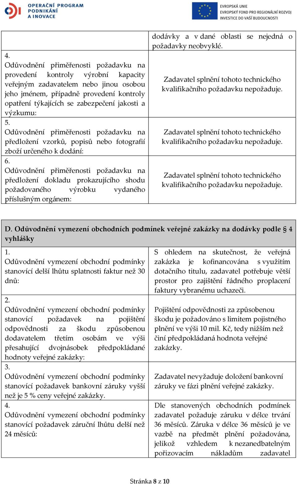 Odůvodnění přiměřenosti požadavku na předložení dokladu prokazujícího shodu požadovaného výrobku vydaného příslušným orgánem: dodávky a v dané oblasti se nejedná o požadavky neobvyklé.