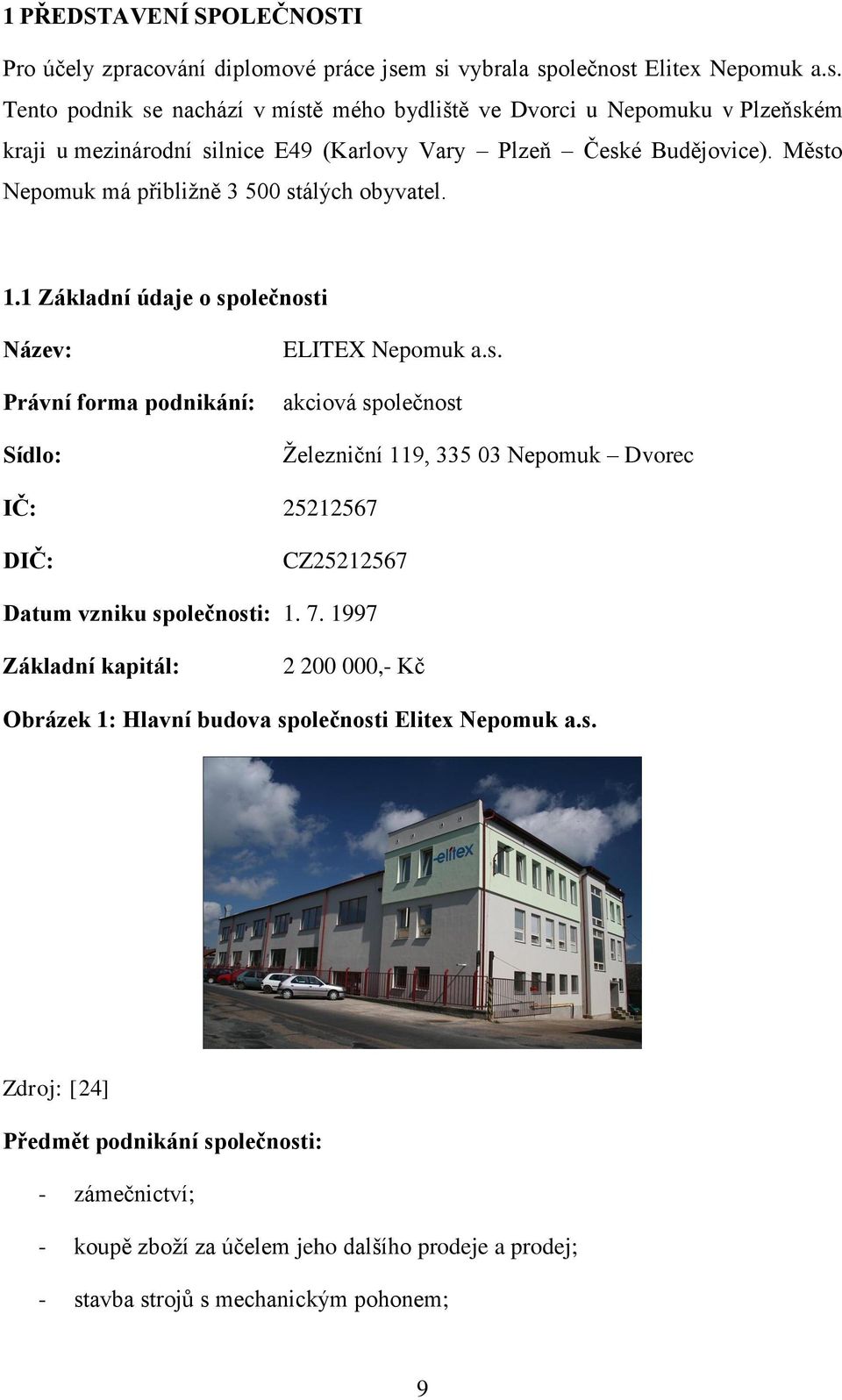 Město Nepomuk má přibližně 3 500 stálých obyvatel. 1.1 Základní údaje o společnosti Název: Právní forma podnikání: Sídlo: ELITEX Nepomuk a.s. akciová společnost Železniční 119, 335 03 Nepomuk Dvorec IČ: 25212567 DIČ: CZ25212567 Datum vzniku společnosti: 1.