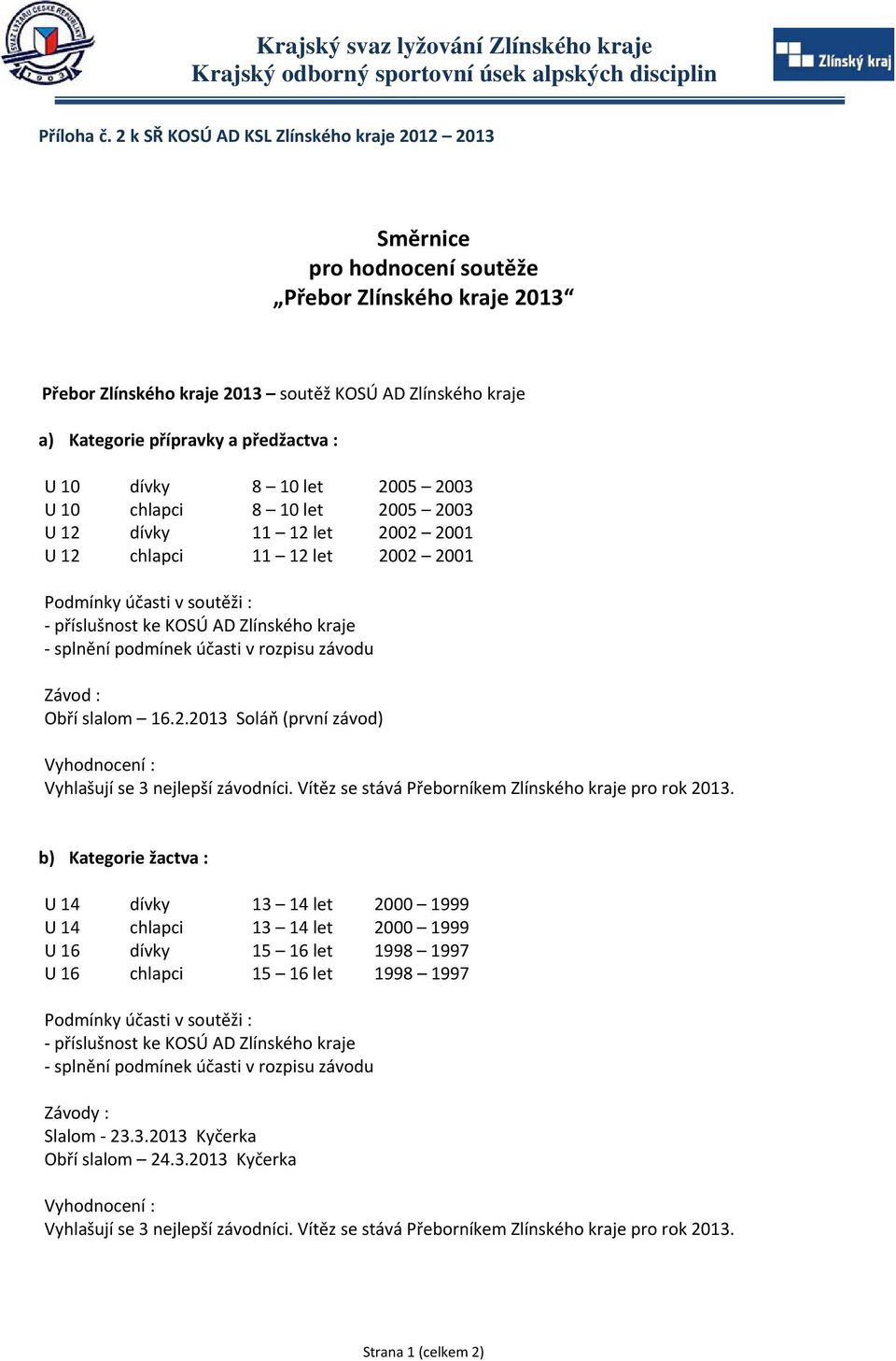 : U 10 dívky 8 10 let 2005 2003 U 10 chlapci 8 10 let 2005 2003 U 12 dívky 11 12 let 2002 2001 U 12 chlapci 11 12 let 2002 2001 Podmínky účasti v soutěži : příslušnost ke KOSÚ AD Zlínského kraje