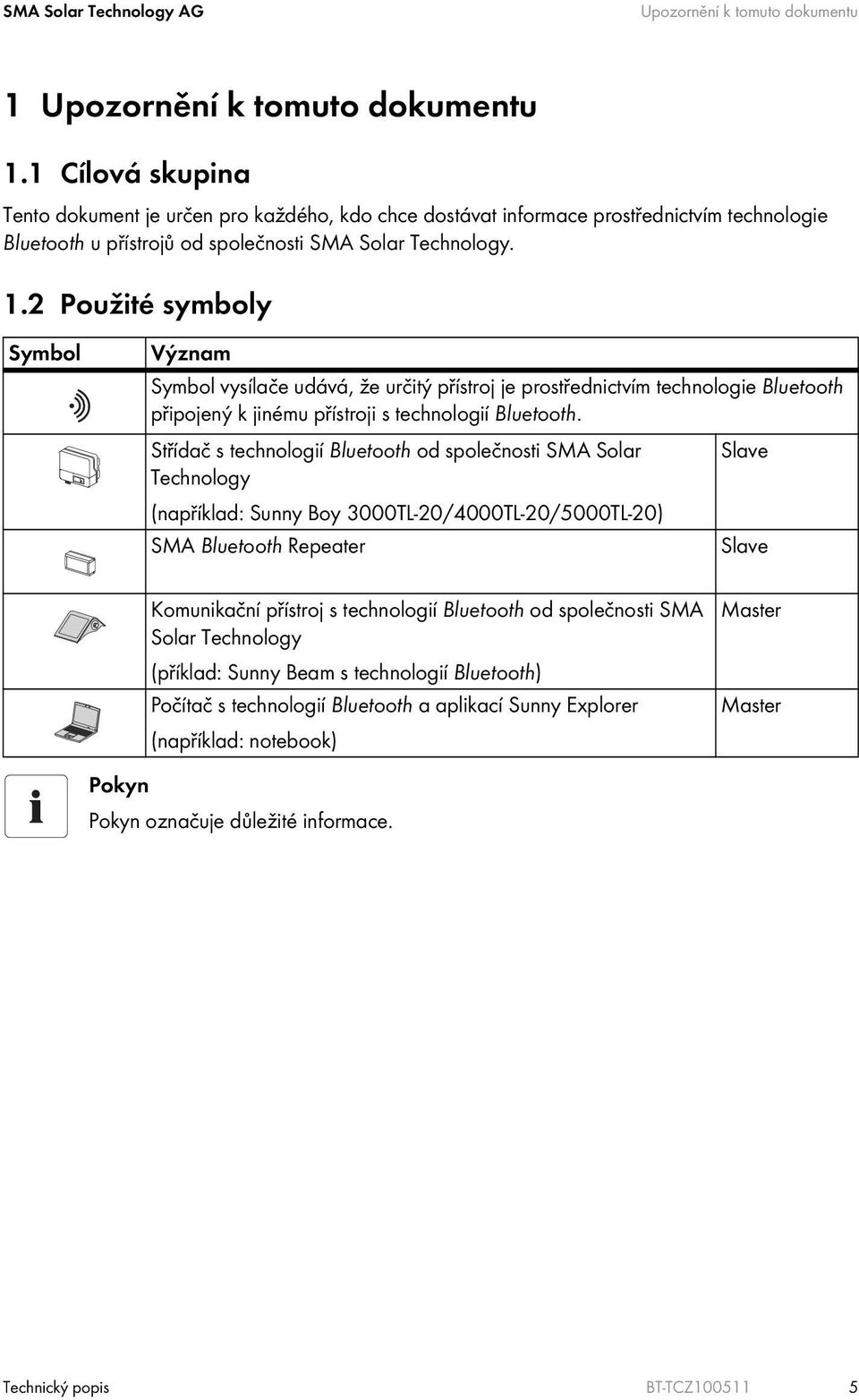 2 Použité symboly Symbol Význam Symbol vysílače udává, že určitý přístroj je prostřednictvím technologie Bluetooth připojený k jinému přístroji s technologií Bluetooth.