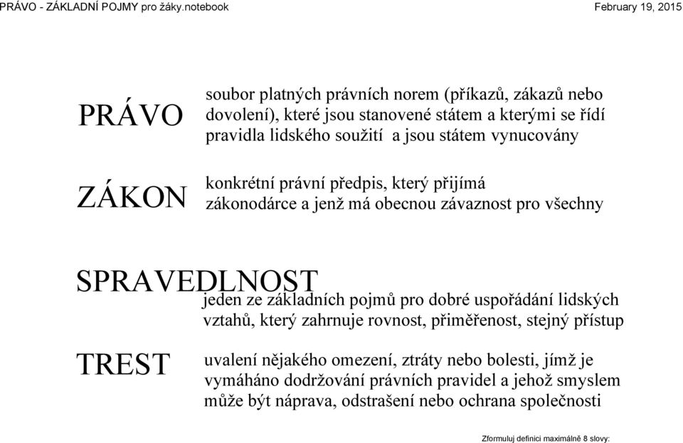 pojmů pro dobré uspořádání lidských vztahů, který zahrnuje rovnost, přiměřenost, stejný přístup TREST uvalení nějakého omezení, ztráty nebo bolesti,