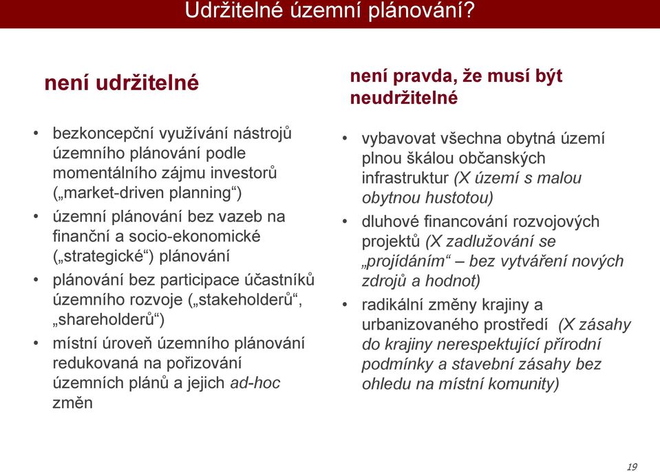 ování ování bez participace účastníků územního rozvoje ( stakeholderů, shareholderů ) místní úroveň územního ování redukovaná na pořizování územních ů a jejich ad-hoc změn není pravda, že musí být