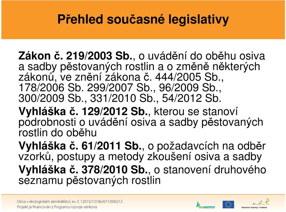 299/2007 Sb., 96/2009 Sb., 300/2009 Sb., 331/2010 Sb., 54/2012 Sb. Vyhláška č. 129/2012 Sb.