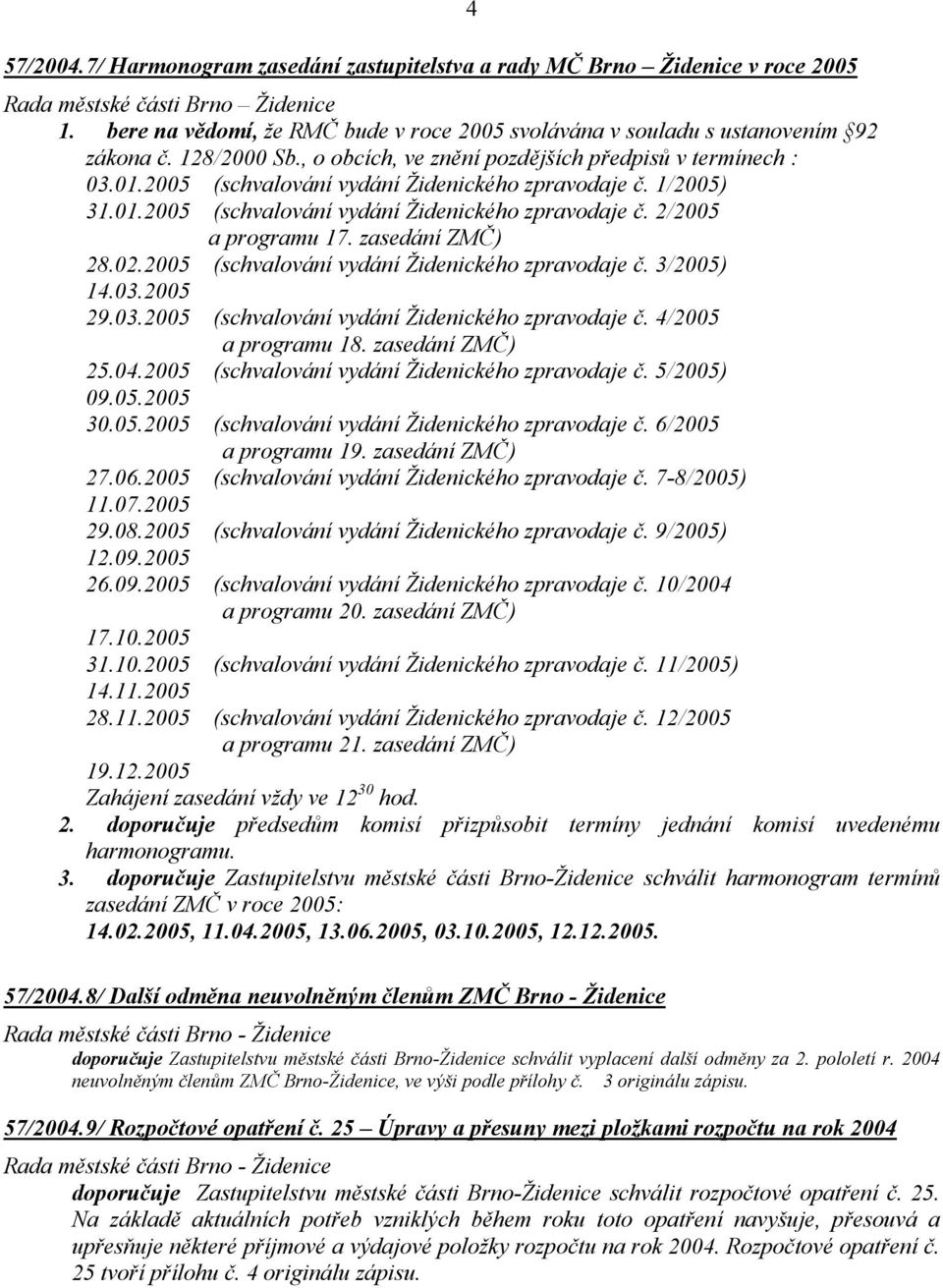 2005 (schvalování vydání Židenického zpravodaje č. 1/2005) 31.01.2005 (schvalování vydání Židenického zpravodaje č. 2/2005 a programu 17. zasedání ZMČ) 28.02.