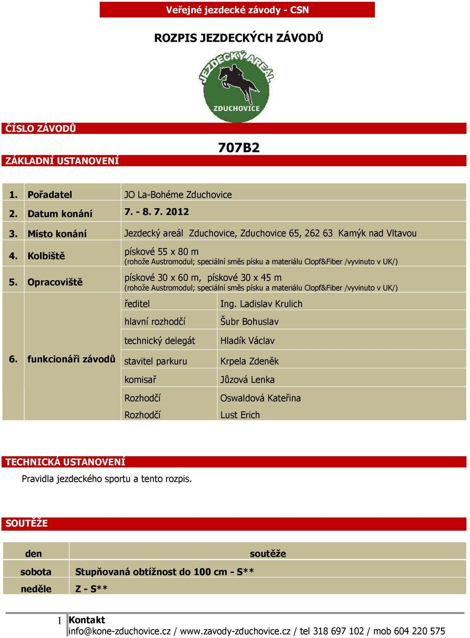 Opracoviště pískové 55 x 80 m (rohože Austromodul; speciální směs písku a materiálu Clopf&Fiber /vyvinuto v UK/) pískové 30 x 60 m, pískové 30 x 45 m (rohože Austromodul; speciální směs písku a