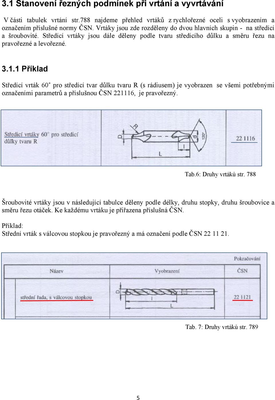 1 Příklad Středící vrták 60 pro středící tvar důlku tvaru R (s rádiusem) je vyobrazen se všemi potřebnými označeními parametrů a příslušnou ČSN 221116, je pravořezný. Tab.6: Druhy vrtáků str.