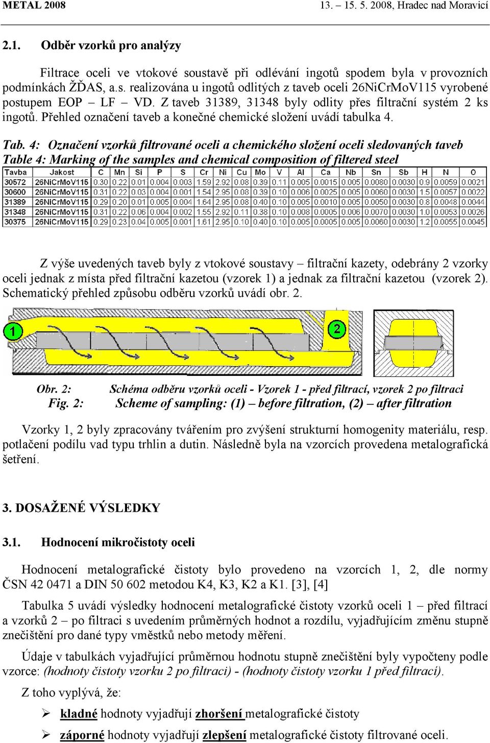 4: Označení vzorků filtrované oceli a chemického složení oceli sledovaných taveb Table 4: Marking of the samples and chemical composition of filtered steel Z výše uvedených taveb byly z vtokové