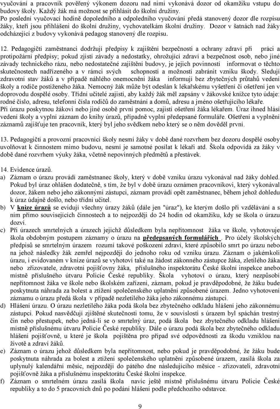 Dozor v šatnách nad ţáky odcházející z budovy vykonává pedagog stanovený dle rozpisu. 12.