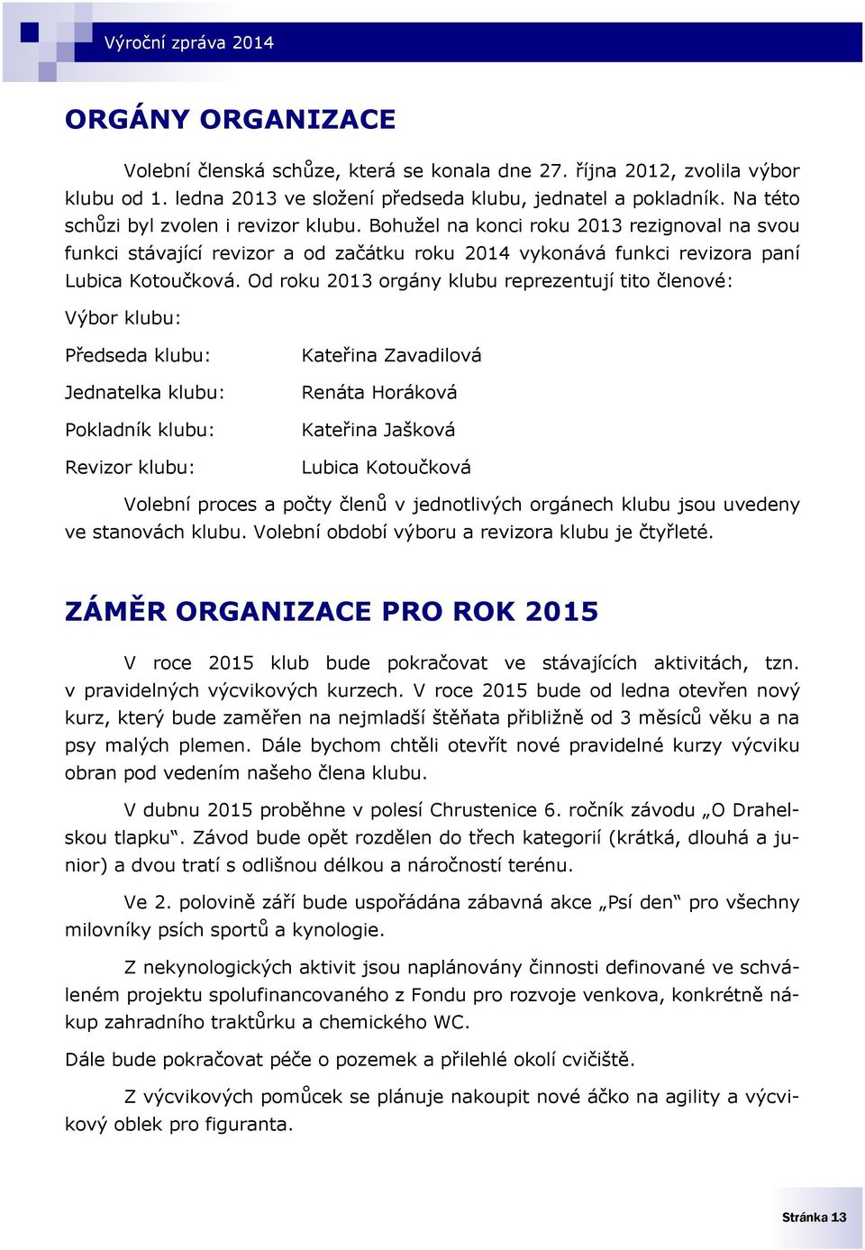 Od roku 2013 orgány klubu reprezentují tito členové: Výbor klubu: Předseda klubu: Jednatelka klubu: Pokladník klubu: Revizor klubu: Kateřina Zavadilová Renáta Horáková Kateřina Jašková Lubica