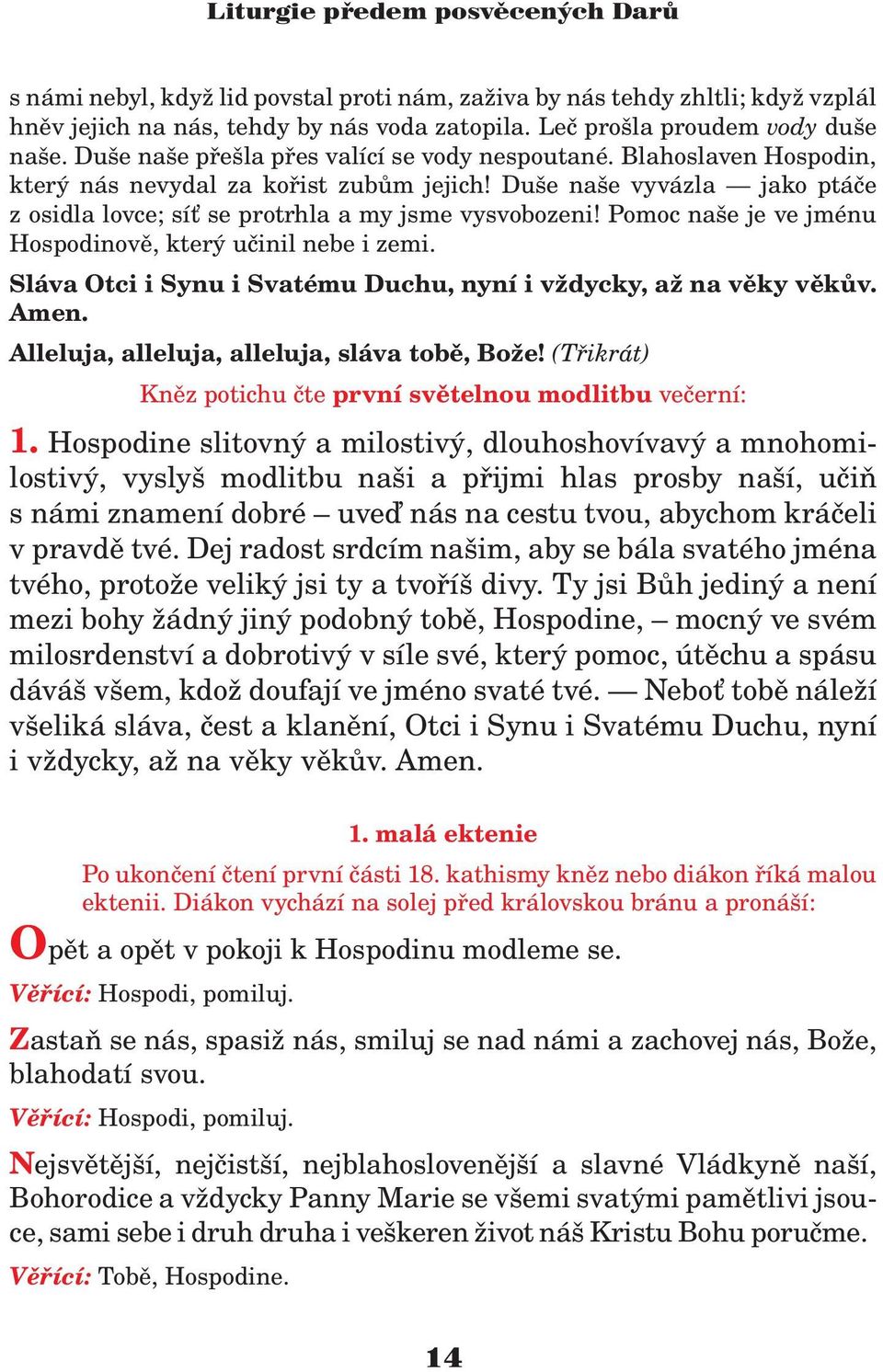Pomoc naše je ve jménu Hospodinovì, který uèinil nebe i zemi. Sláva Otci i Synu i Svatému Duchu, nyní i v dycky, a na vìky vìkùv. Amen. Alleluja, alleluja, alleluja, sláva tobì, Bo e!