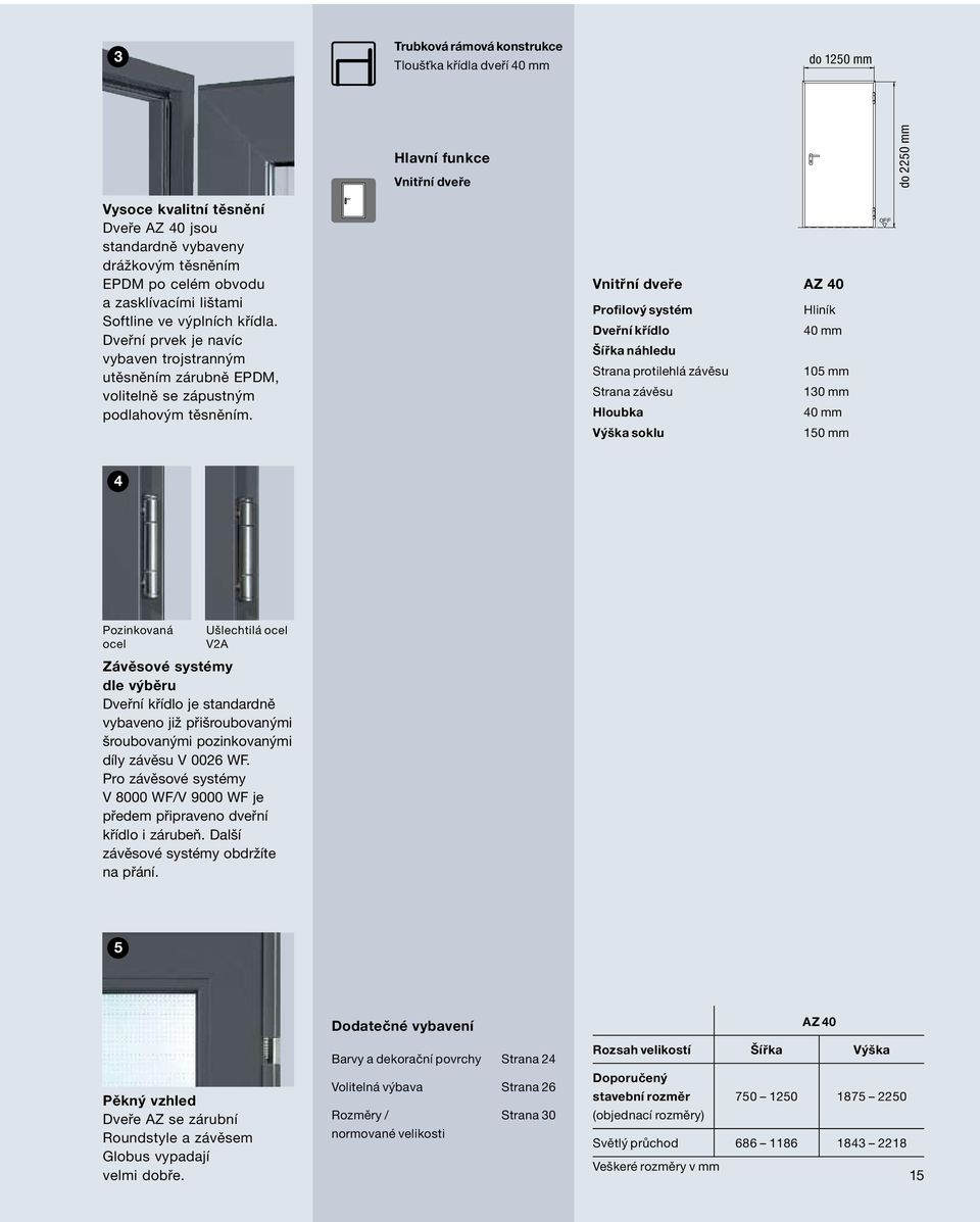 Vnitřní dveře AZ 0 Profilový systém Hliník Dveřní křídlo 0 mm Šířka náhledu Strana protilehlá závěsu 105 mm Strana závěsu 130 mm Hloubka 0 mm Výška soklu 150 mm Pozinkovaná ocel Ušlechtilá ocel VA