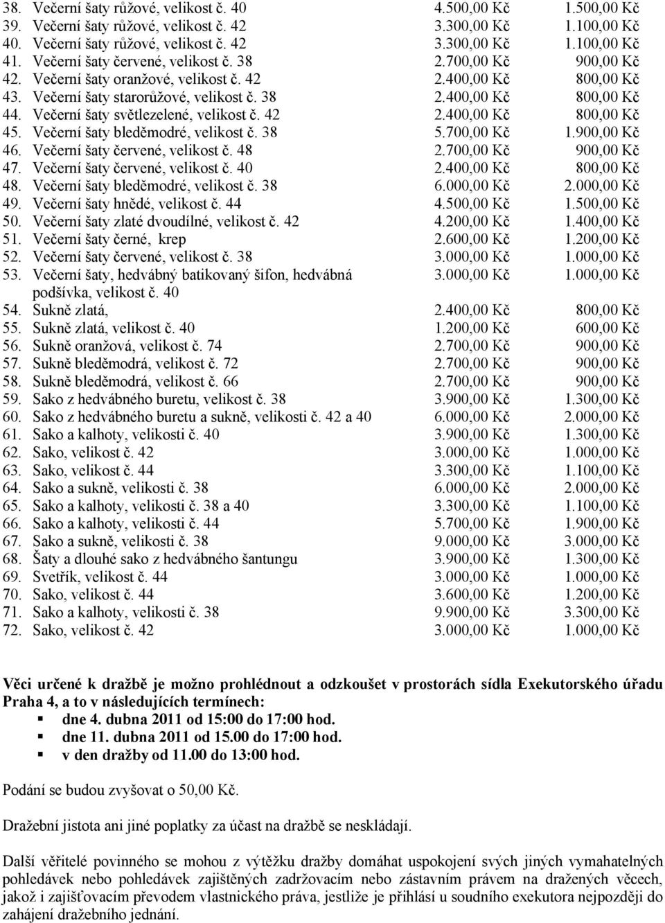 Večerní šaty světlezelené, velikost č. 42 2.400,00 Kč 800,00 Kč 45. Večerní šaty bleděmodré, velikost č. 38 5.700,00 Kč 1.900,00 Kč 46. Večerní šaty červené, velikost č. 48 2.700,00 Kč 900,00 Kč 47.