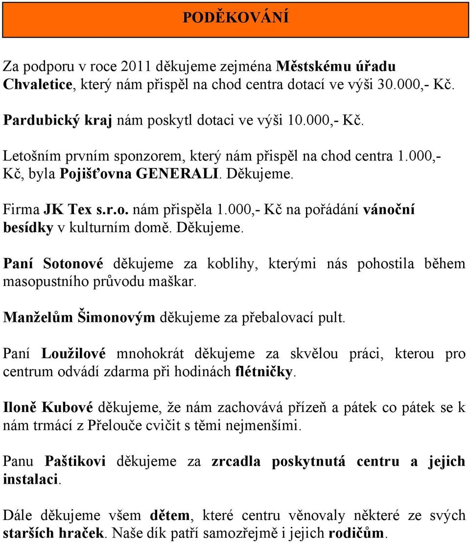 000,- Kč na pořádání vánoční besídky v kulturním domě. Děkujeme. Paní Sotonové děkujeme za koblihy, kterými nás pohostila během masopustního průvodu maškar.
