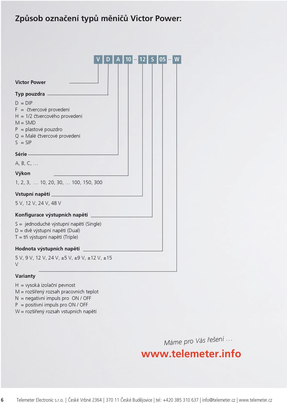 (Dual) T = tři výstupní napětí (Triple) Hodnota výstupních napětí 5 V, 9 V, 2 V, 24 V, ±5 V, ±9 V, ±2 V, ±5 V Varianty H = vysoká izolační pevnost M = rozšířený rozsah pracovních teplot N = negativní