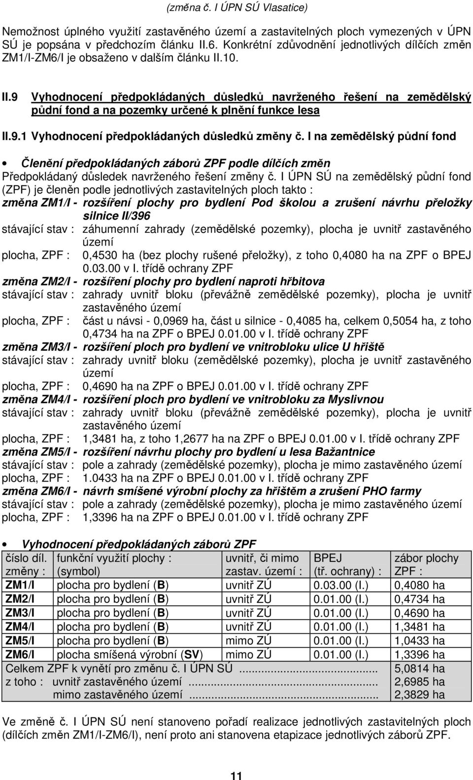 10. II.9 Vyhodnocení předpokládaných důsledků navrženého řešení na zemědělský půdní fond a na pozemky určené k plnění funkce lesa II.9.1 Vyhodnocení předpokládaných důsledků změny č.