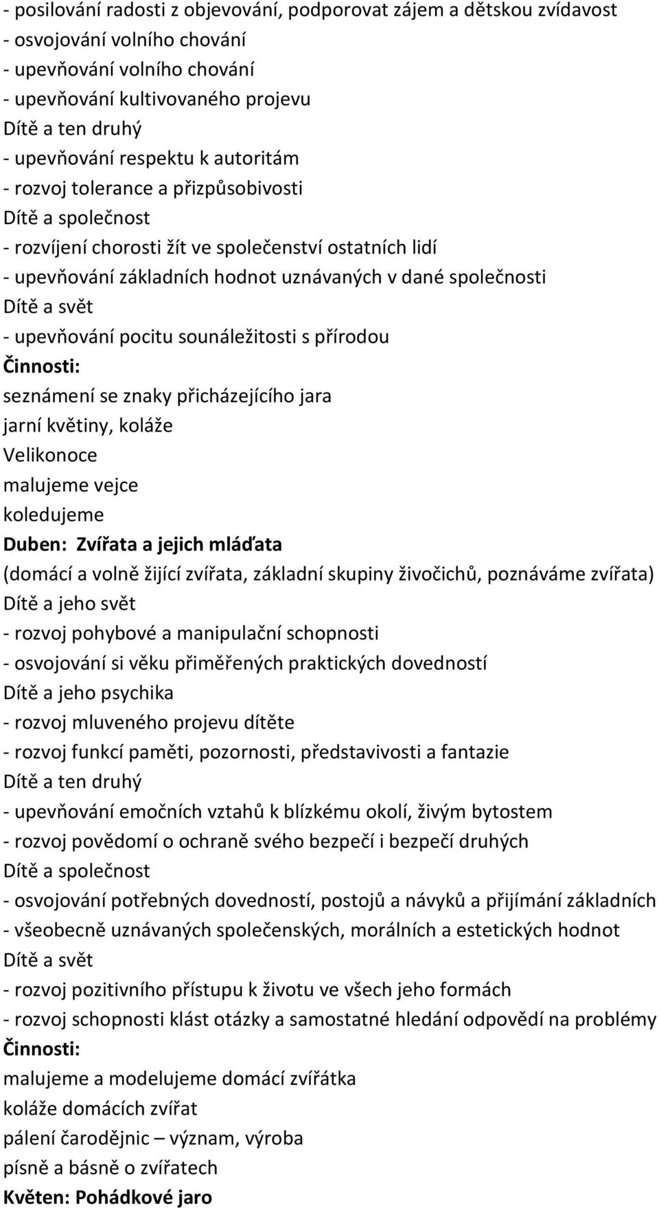 sounáležitosti s přírodou seznámení se znaky přicházejícího jara jarní květiny, koláže Velikonoce malujeme vejce koledujeme Duben: Zvířata a jejich mláďata (domácí a volně žijící zvířata, základní