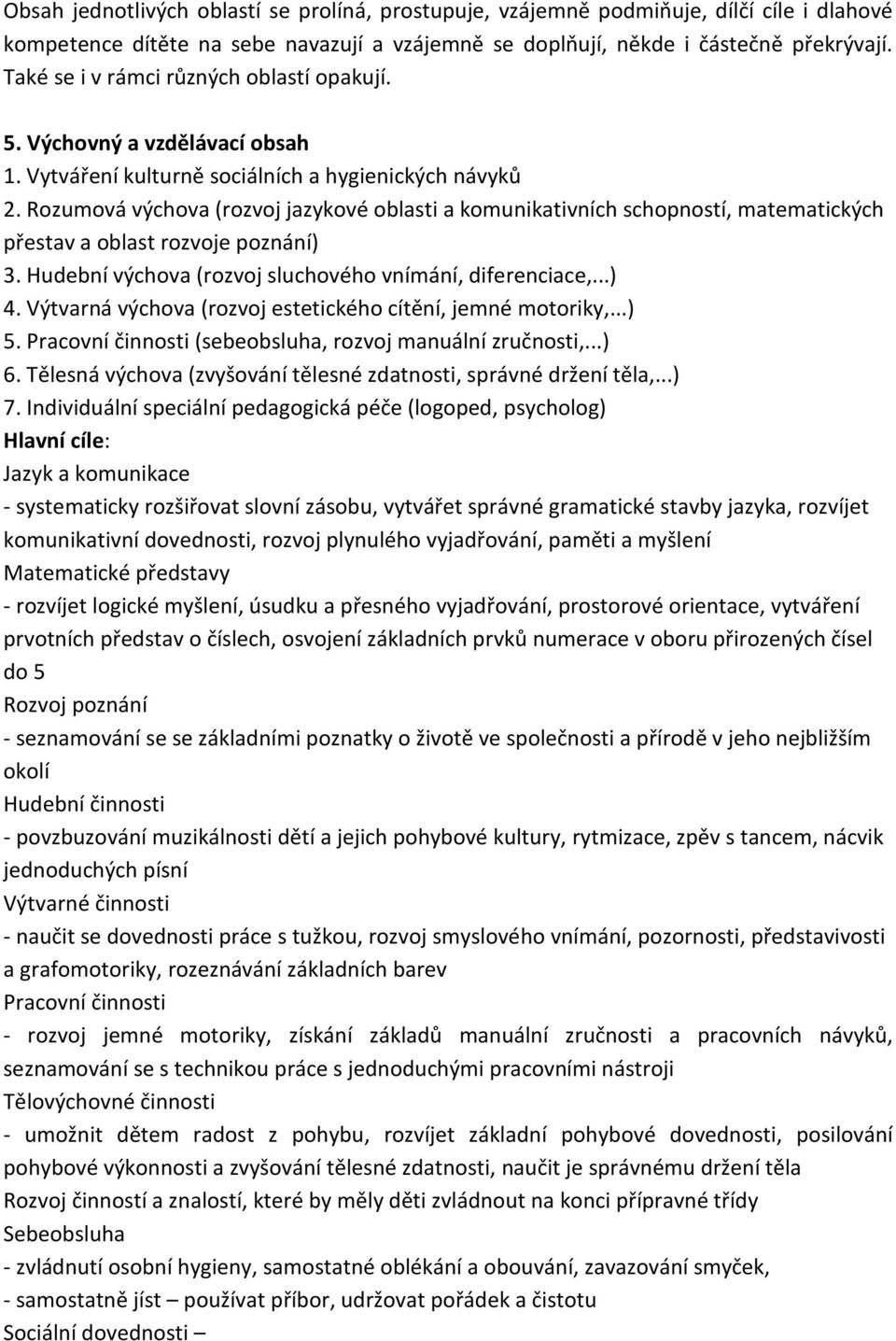 Rozumová výchova (rozvoj jazykové oblasti a komunikativních schopností, matematických přestav a oblast rozvoje poznání) 3. Hudební výchova (rozvoj sluchového vnímání, diferenciace,...) 4.