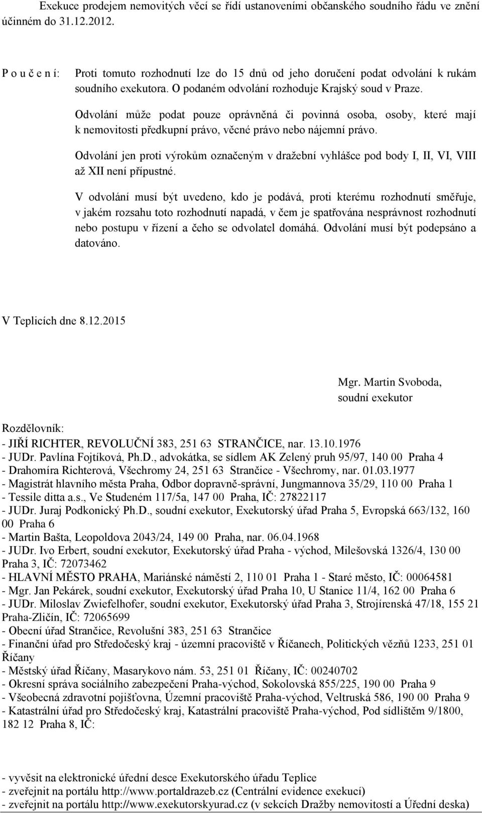 Odvolání může podat pouze oprávněná či povinná osoba, osoby, které mají k nemovitosti předkupní právo, věcné právo nebo nájemní právo.
