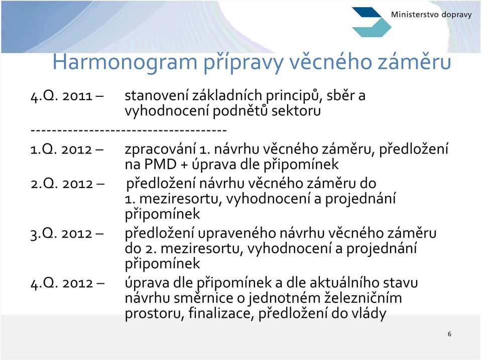 návrhu věcného záměru, předložení na PMD + úprava dle připomínek 2.Q. 2012 předložení návrhu věcného záměru do 1.