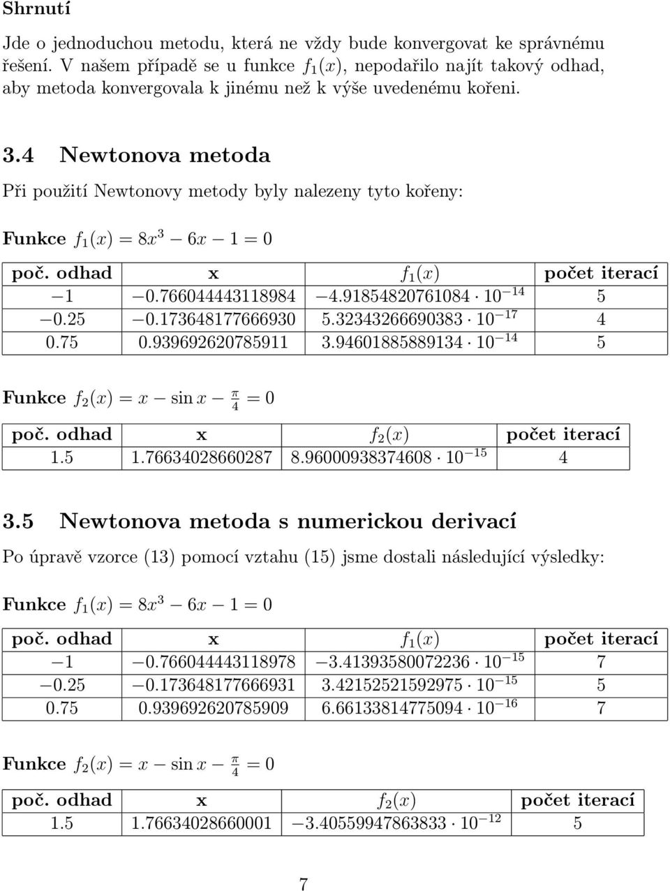 4 Newtonova metoda Při použití Newtonovy metody byly nalezeny tyto kořeny: Funkce f 1 (x) = 8x 3 6x 1 = 0 poč. odhad x f 1 (x) počet iterací 1 0.766044443118984 4.91854820761084 10 14 5 0.25 0.