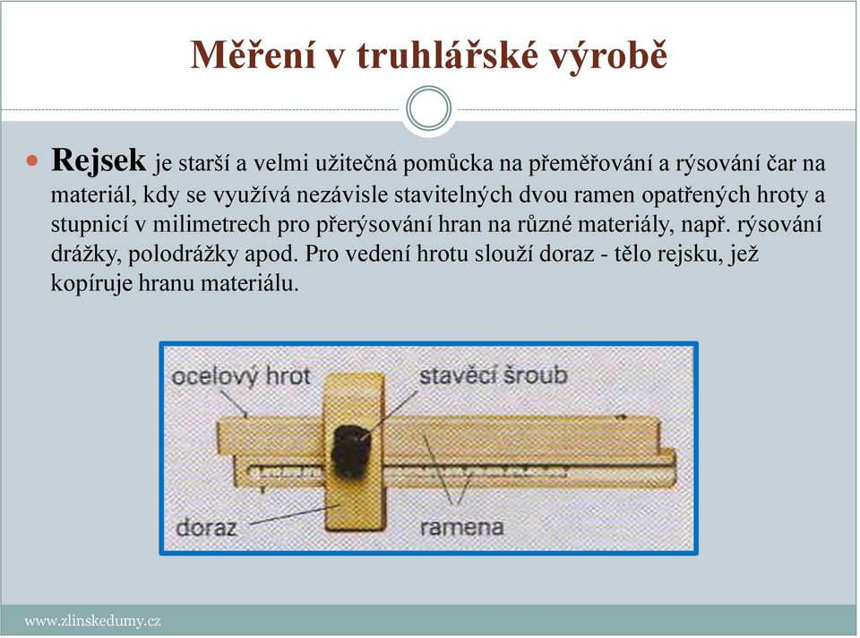 stupnicí v milimetrech pro přerýsování hran na různé materiály, např.